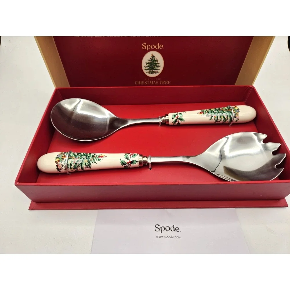 Spode Christmas Tree Salad Servers Set New in Original Box Hostess Gift